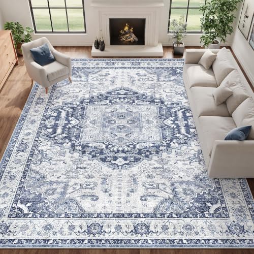Washable 8x10 Navy Blue Area Rug Non-Slip Living Room Carpet - Kid & Pet Friendly