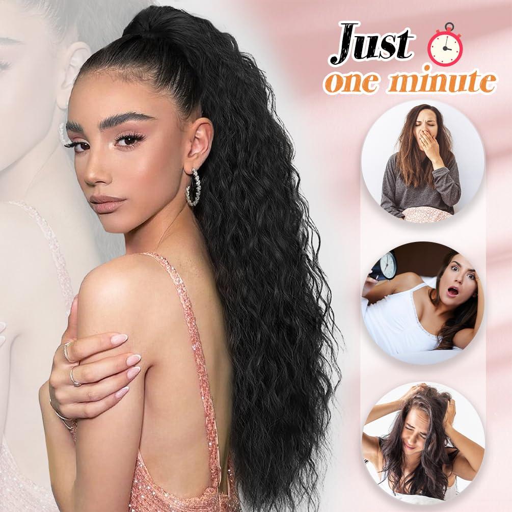 tonebesift Long Corn Wave Ponytail Extension 22inch Clip in Curly Wavy Pony Tail Wrap Around Hairpieces for Women(Black Brown #2)