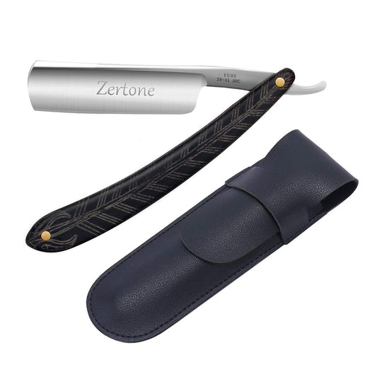Zertone Vintage Straight Edge Razors for Men - High Carbon Steel Blade Straight Razor, Genuine Wood Handle, Leather Sheath Included - Precision Shaving Tool for Men, Retro Design(Black)