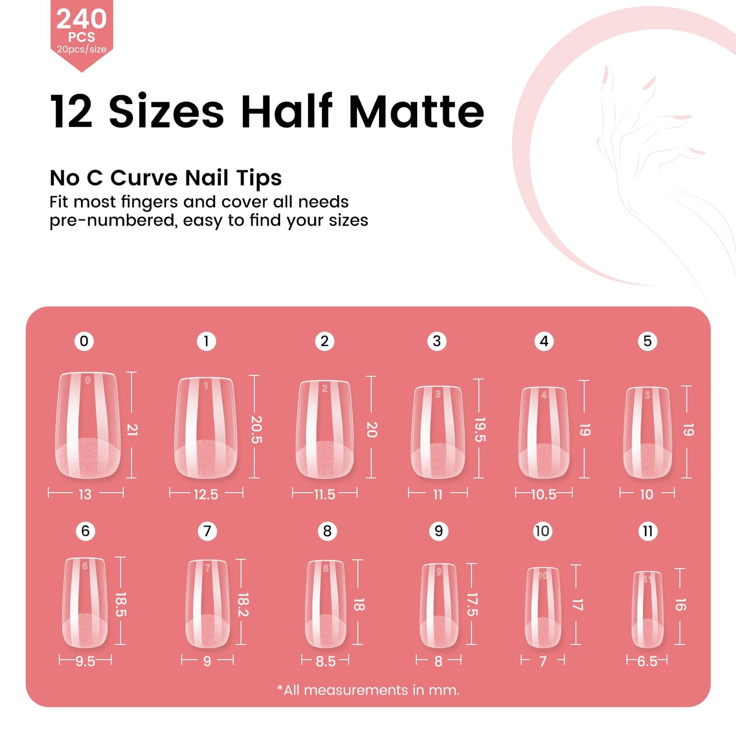 Quaferen Square Nail Tips Short: 240pcs Pre-shape Acrylic Fake Nail Tips Square - 12 Sizes Soft Gel Full Cover Clear Gelly Press on False Tip for Nail Extension Salon Home