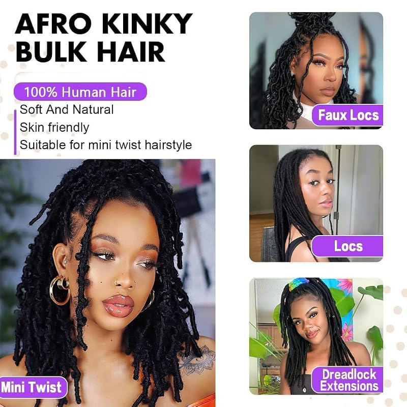 Bulk 50g 12 Inch Afro Kinky Human Hair for Braids, Dreadlocks & Locs - Black