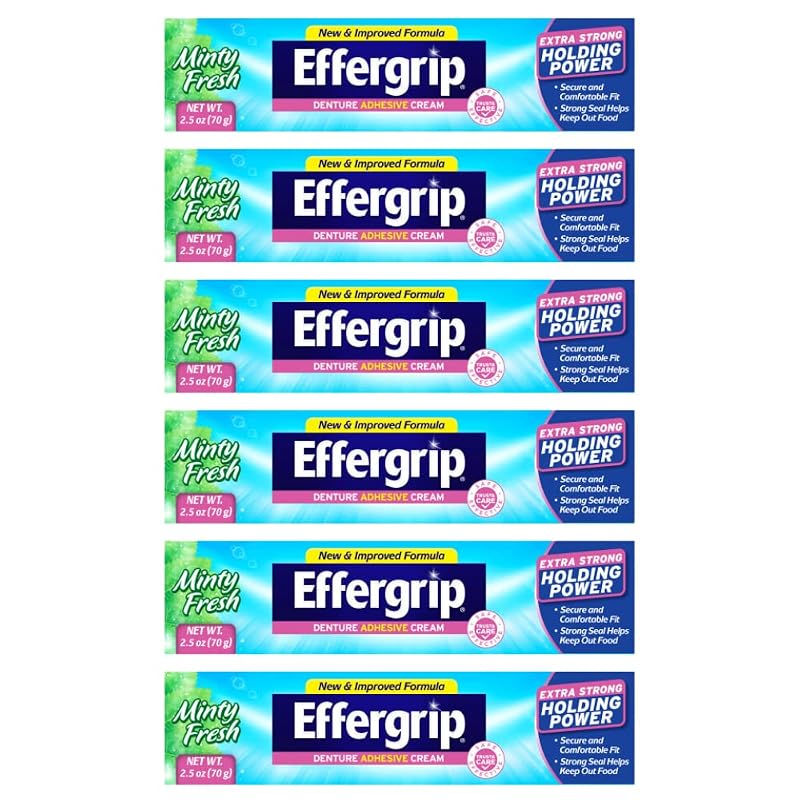 Denture Adhesive Cream Extra Strong 2.5 oz (Pack of 6) — Zinc Free, Effergrip