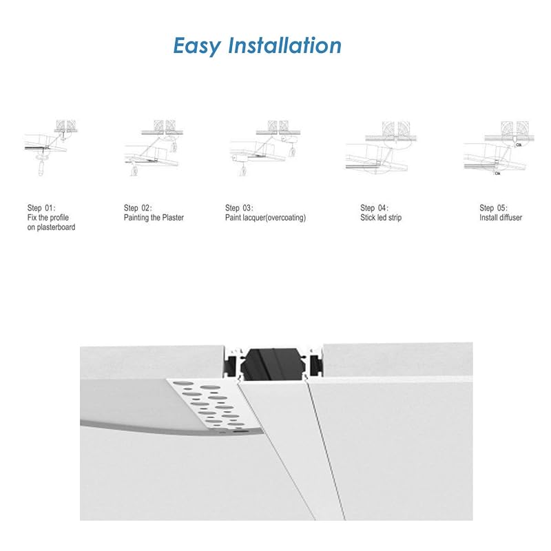 Plaster-in LED Aluminum Channel 6 Pack 2M Each - Diffuser Covers Included, Recessed Drywall