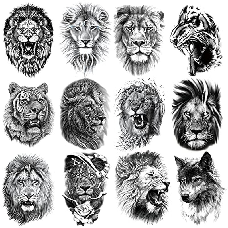 12 Sheets Arm Waterproof Temporary Tattoo Stickers Black Fierce Tiger Lion Wolf for Men Women Teens