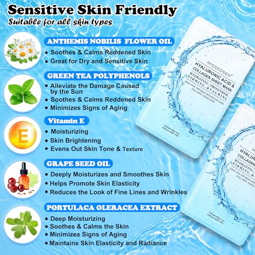 Collagen Face Mask with Hyaluronic Acid, Vitamin E Oil for Skin Care Hydrating, Moisturizing, Brightening & Anti Aging Face Masks Skincare for Oil, Dry, Acne, Sensitive All Skin Types 12PCS