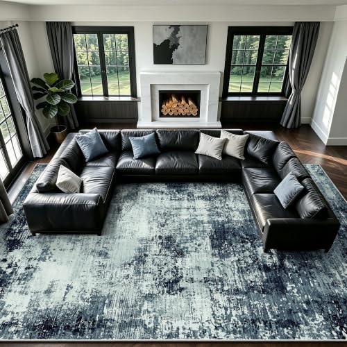 8' x 10' Blue Modern Abstract Washable Rug - Non-Slip Low Pile Floor Carpet for Living Room, Bedroom, Office, Nursery - C-dark Blue