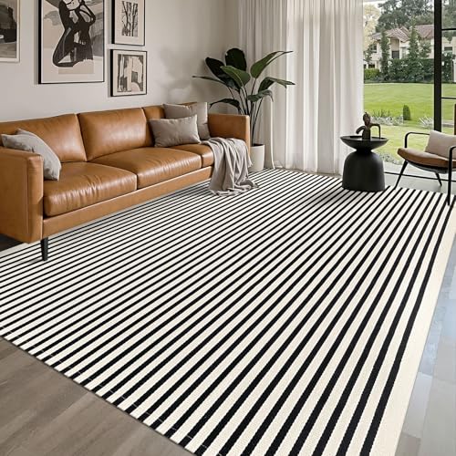 Indoor Outdoor Striped Area Rug - Washable Cotton Blend, 8x10 Light Beige & Black Variation