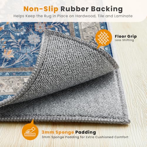 SameBed 8x10 Blue Vintage Washable Area Rug Living Room Carpet