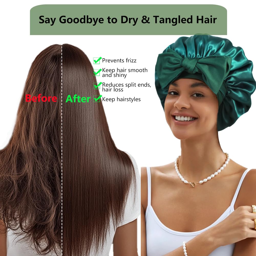 1+3 Large Satin Bonnets with Scrunchies for Women, Double Layer Hair Bonnet Tie Bonnet for Sleeping Braids Curly Hair, F