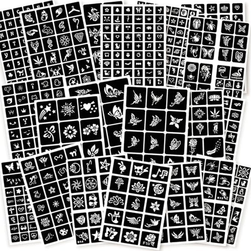575pcs Temporary Tattoo Stencils, 20 Sheets Henna Tattoo Stencil Kit for Women Man Face Body Paint DIY Art Reusable Glitter Tattoo Stencils Pack