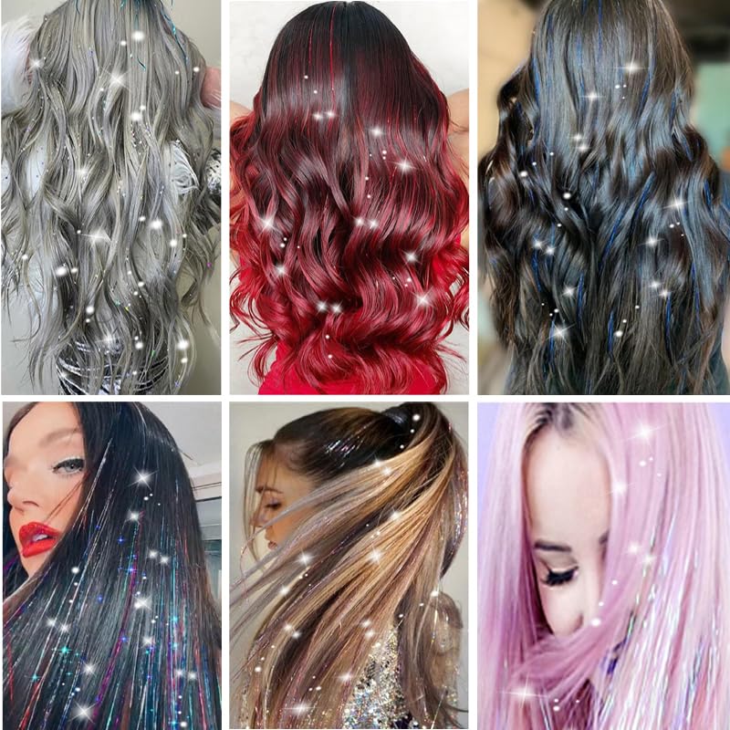 ZYXQZYX Hair Tinsel Kit Pack of 18 Pcs Hair Tinsel Clip in 19.6Inch Glitter Tinsel Hair Extensions Heat Resistant Clip in Hair Tinsel Sparkle Fairy Hair Accessories for Kids Girls Women (Pink)