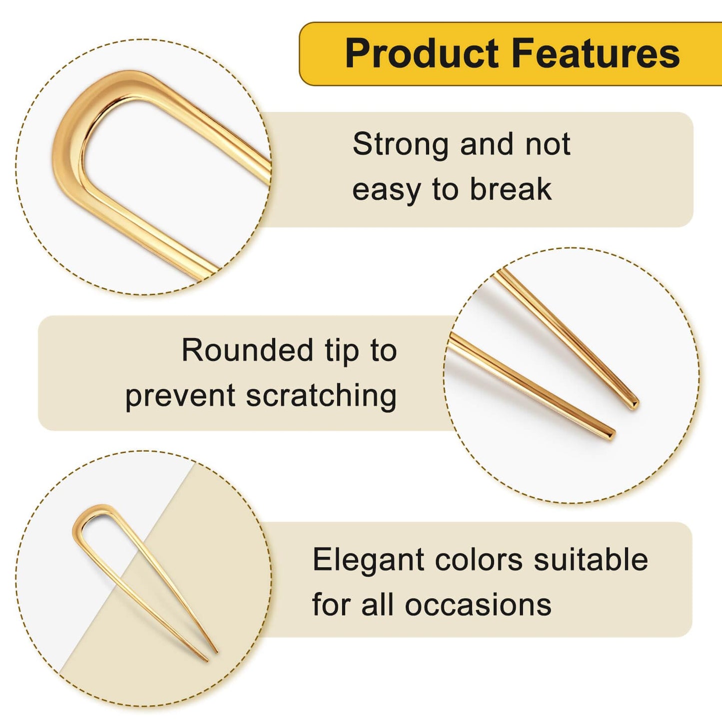 3 Pcs French Hair Pin for Women, 5.5 Inch Metal U-Shaped Hair Clip for Thick Hair, Hair Pins Suitable for Different Hairstyles (Black, Gold, Silver)