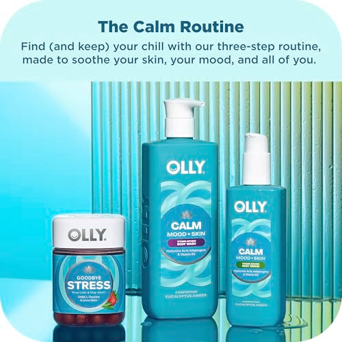 OLLY Calm Body Lotion-Serum with Hyaluronic Acid, Adaptogens & Vitamin B3? Nourishing Cleanser for Skin Barrier Repair, Deep Hydration, Eucalyptus Amber Scent, 8oz