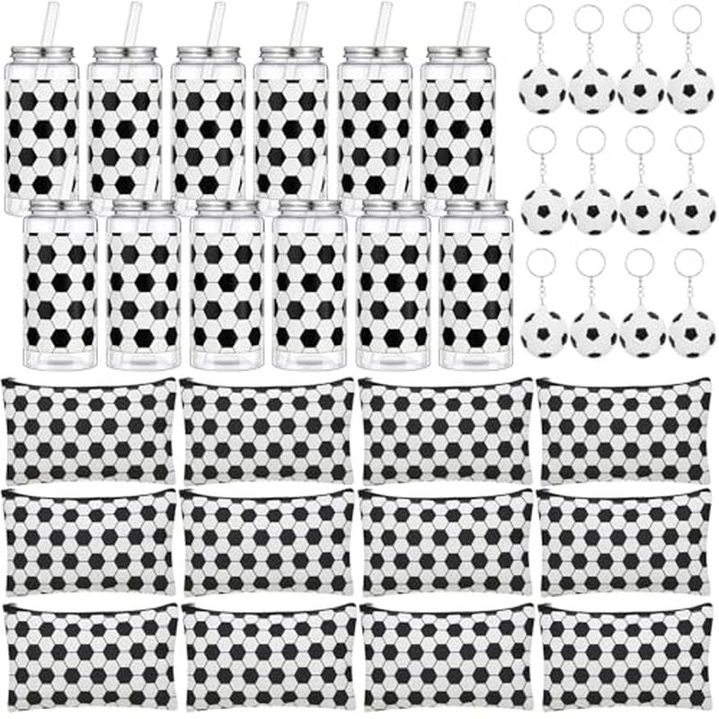 36 Pcs Soccer Team Gifts Sets Bulk Soccer Party Favors 13.5oz Reusable Plastic Tumbler Cups with Lid and Straw Cosmetic Bags Keychains for Sports Birthday Party Supplies Decor