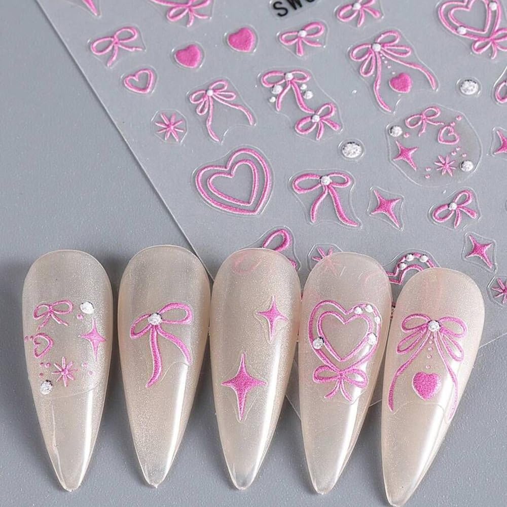 Bow Heart Star Nail Stickers for Nail Art Spring Butterfly Flower Nail Art Stickers Cute Summer Ice Cream Nail Decals 3D Colorful Strawberry Floral Self Adhesive Design Sticker for Women Girls 3PCS