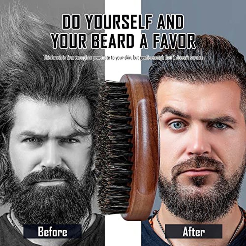 BFWood Boar Bristle Beard Brush - Black Wood Walnut Military Style, Men's Wooden Mustache Brush