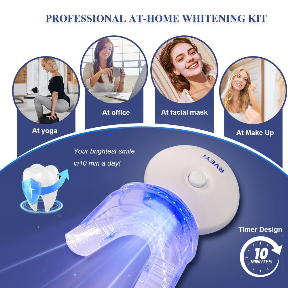 RVEYI Teeth Whitening Kit - LED Light Timer, Pro Professional for Sensitive Teeth 35% Carbamide Peroxide,4 * 3ml Gel Syringes, 1* Remineralization Gel, and Tray