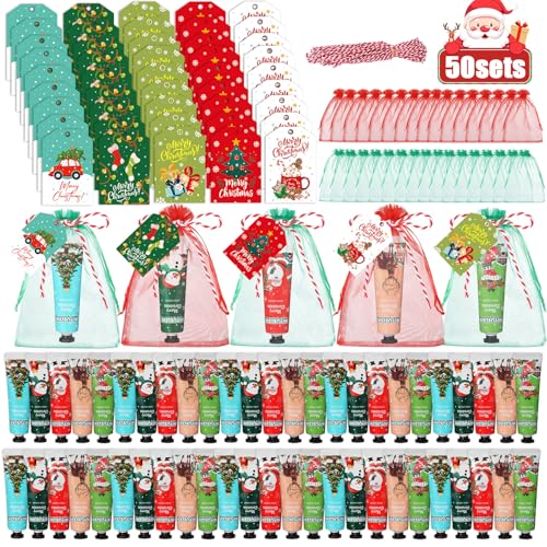 Ojustbeok 50 Sets Christmas Hand Cream Gift Box - Travel Size Moisturizing Hand Lotions with Organza Bags & Cards