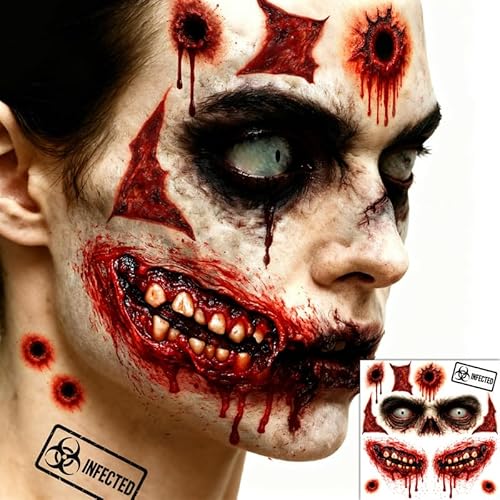 Halloween Zombie Tattoos Kit ? 6 Sheets (4 Zombie Tattoos + 2 Wound Tattoos) ? Fake Scars Temporary Tattoos for Adults, Women, Men ? Realistic Zombie Makeup Kit, Scary Halloween Makeup Accessories (A)