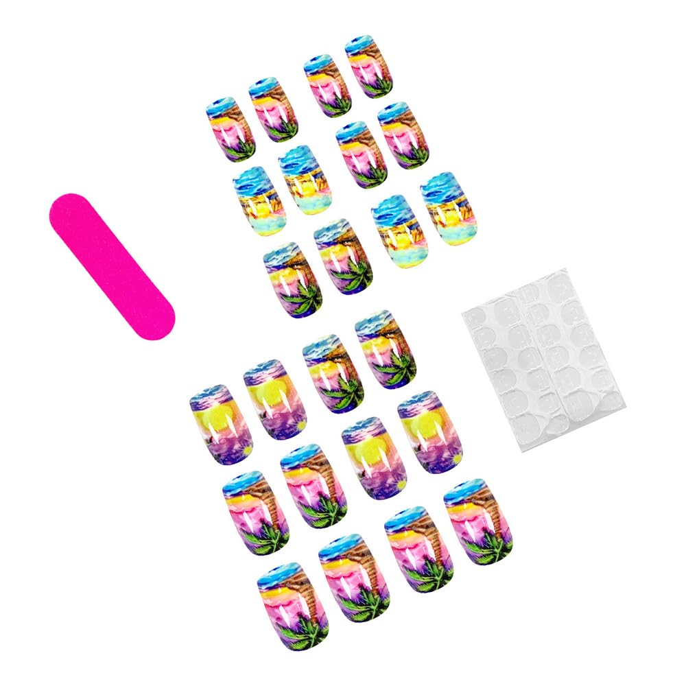 24 Pcs Summer Seaside Press on Nails Short Square,YIHONGYAN Fake Nails Press ons Colorful Sunset Coconut Tree Nail Tip Acrylic Set Glue on Nails Full Cover False Nails Glossy Stick on Nails for Women