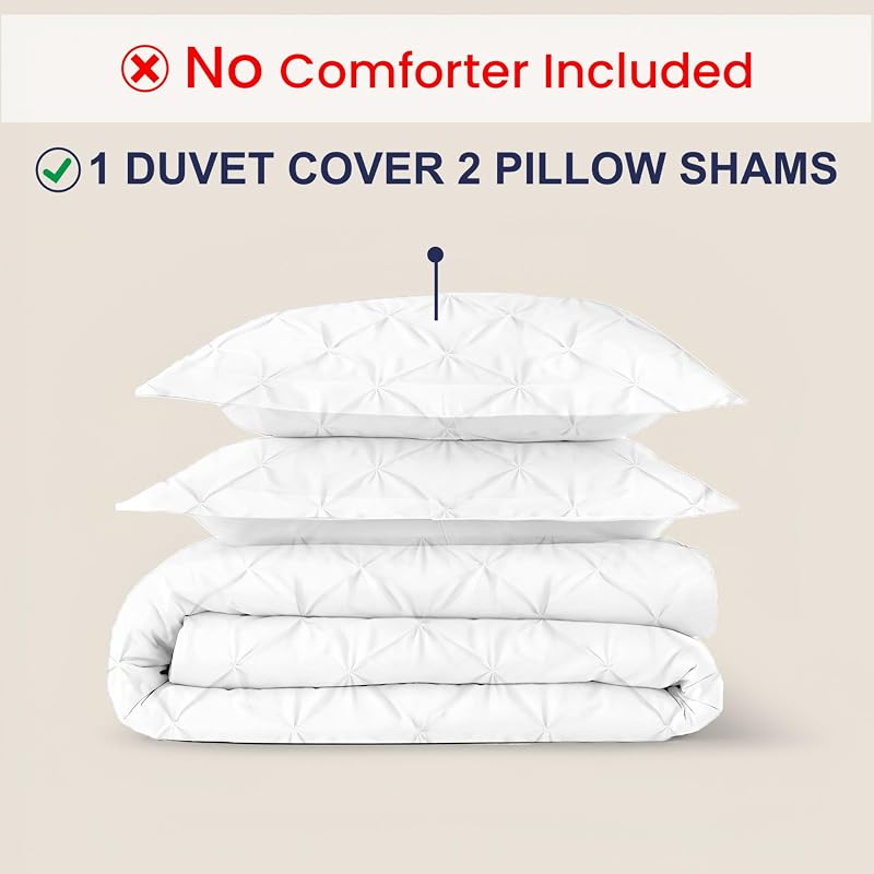 Queen/Full 3-Piece Pinch Pleated Duvet Cover Set - 100% Egyptian Cotton 600TC in White (No Comforter) - Zipper Closure & 7 Internal Ties