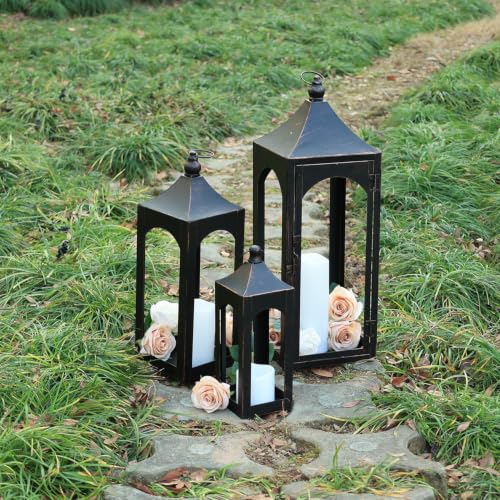 Decorative Lanterns Set of 3 - Bronze Outdoor Metal Candle Holders with LED Candles
