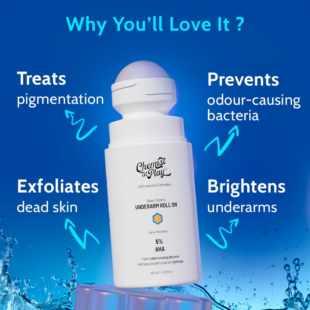 Chemist At Play UnderArm Roll-On with 5% Lactic Acid 1% Mandelic Acid | Prevents Odour Brightens Skin & Exfoliates Underarm | Long Lasting Aqua Fragrance | Alcohol & Aluminium Free (1.3 Ounce)