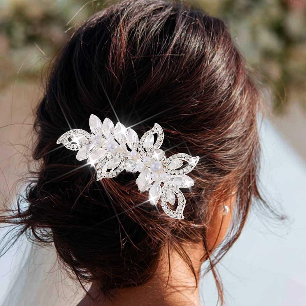 Bessney Silver Crystal Bridal Hair Comb Pearl Wedding Hair Piece Rhinestone Hair Accessories for Women