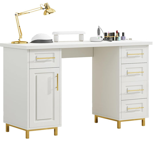 MaverickFurni White and Gold Nail Tech Desk for Nail Tech, Wooden Manicure Table with Storage, 43 Inch Nail Table with 5 Drawers and Cabinet, Manicure Desk Nail Station