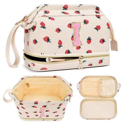 Personalized Initial Makeup Bag,Strawberry Quilted Makeup bag Christmas Gifts for Girls,Double Layer Travel cosmetic Bag with Make up Brush Organizer,Cute Travel Toiletry Pouch-I