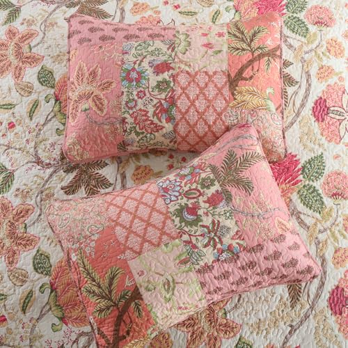 Pink Floral Cotton Quilt Set Queen Size Reversible Bedspread for All Seasons