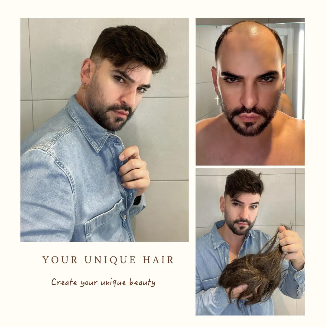 Topunique 0.08mm Thin Skin Toupee for Men, Remy Human Hair 8x10 Inch PU Base 110% Medium Density Knotless V-Looped Hairline #1B Natural Black