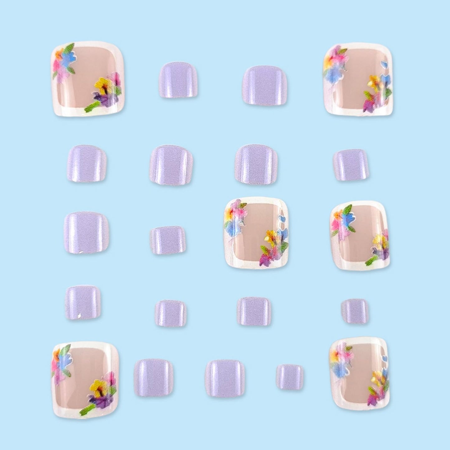 24Pcs Purple Press on Toenails Short Square Fake Toe Nails with Colorful Flower Designs Summer Toenail Press ons Full Cover Cute Acrylic False Toenails Reusable Glue on Toe Nails for Women