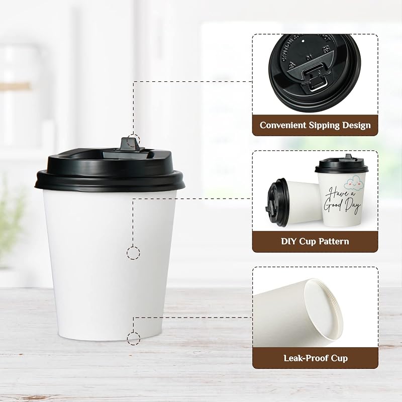 Vplus White 8 Oz Disposable Paper Coffee Cups with Lids - 500 Pack