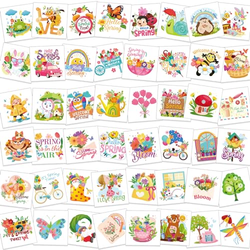 HOWAF 96pcs Spring Easter Tattoos, Hello Spring Temporary Tattoos for Spring Party Supplies, Spring Flower Tattoos Spring Butterfly Tattoos for Kids, Spring Summer Decoration Face Tattoos