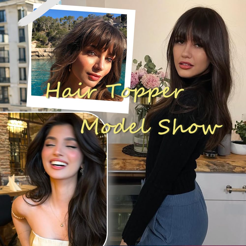 YOOSDPET Hair Toppers for Women Real Human Hair， 360°3D Cover Topper for Women with Thinning Crown Wispy Clip in Bangs Realistic Scalp Line Hair Pieces (Dark Brown, Wispy Bangs)
