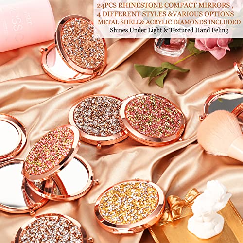 Cindeer 24 Pcs Rhinestone Compact Mirrors with 2x/1x Magnification – Multi Colors, 70mm