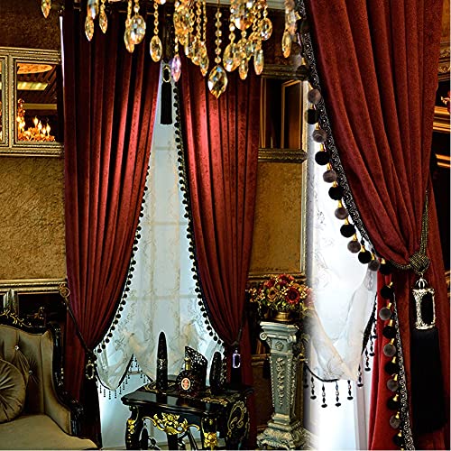 Burgundy Velvet Curtains with Tassel Trim - 52W x 96L Double Pack, Blackout Drapes for Living Room & Bedroom
