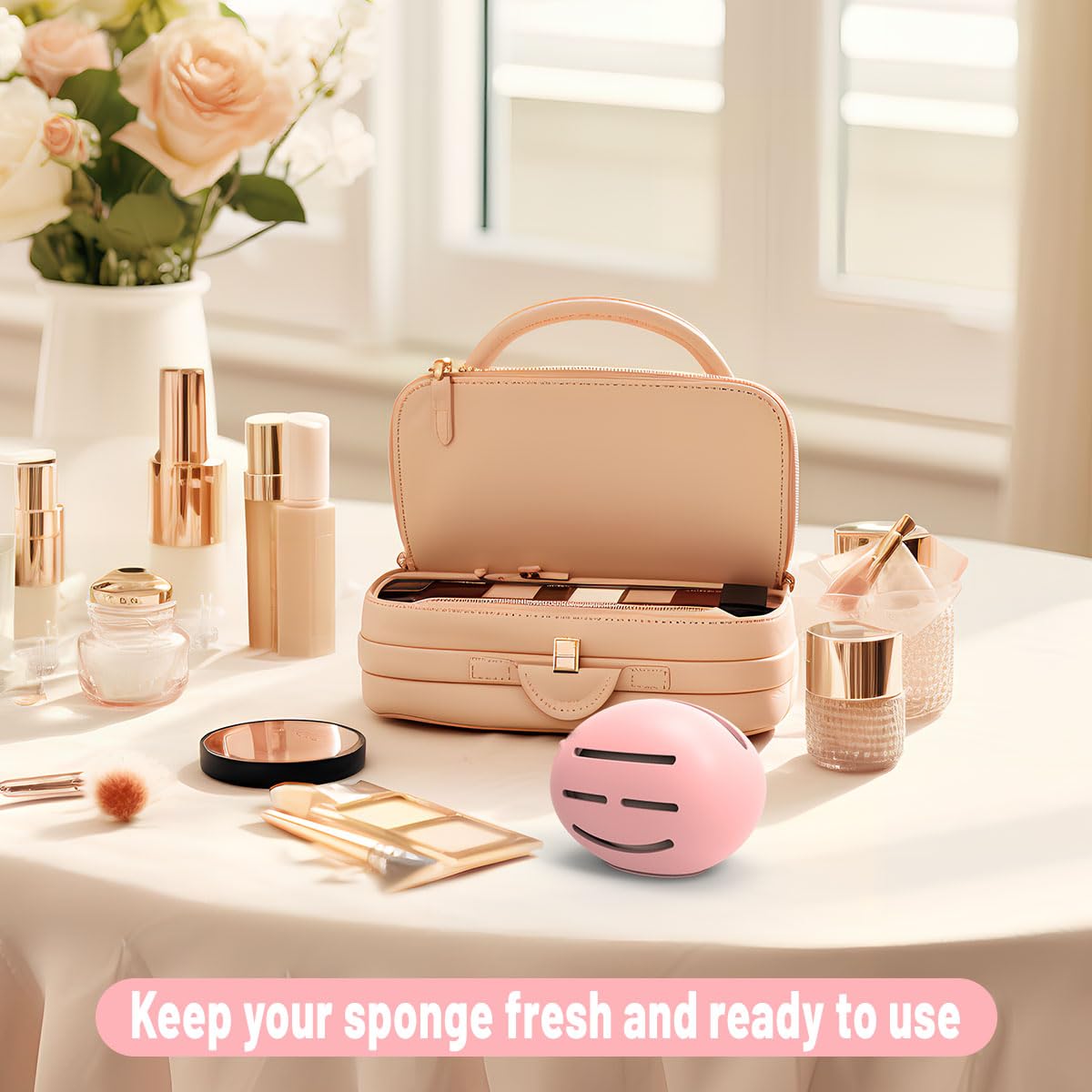 YalsFTY Silicone Makeup Sponge Holder, Triple-Sided Breathable Beauty Blender Case for Travel and Daily Use, Shatterproof Storage, Quick-Drying, and Fits Sponges - Pink