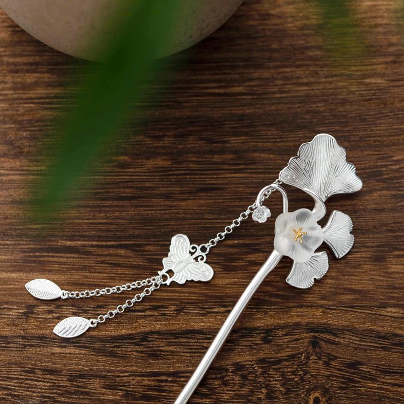 Silver Ginkgo Leaf Hairpin with Jade and Butterfly Tassel - Hanfu Style Hair Accessories for Women
