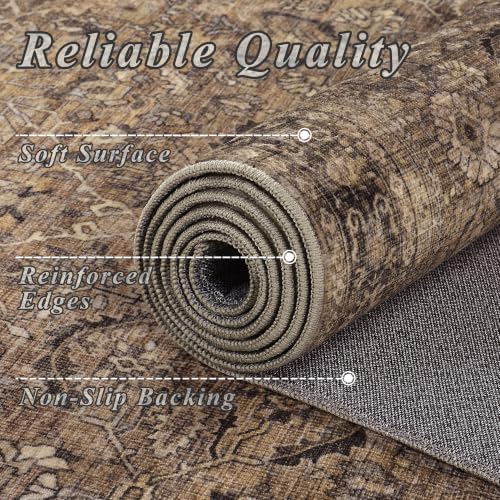 Brown 8x10 Vintage Washable Area Rug for Living Room - Distressed Floral Pattern