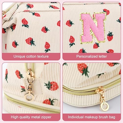 Personalized Initial Makeup Bag,Strawberry Quilted Makeup bag Christmas Gifts for Girls,Double Layer Travel cosmetic Bag with Make up Brush Organizer,Cute Travel Toiletry Pouch-I