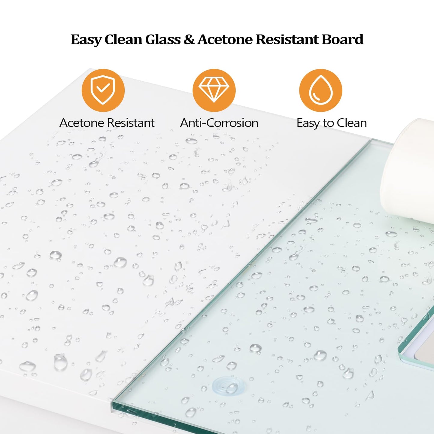 OmySalon Manicure Table Nail Desk for Nail Tech w/Glass Top & Wrist Rest, Beauty Salon Nail Supplies Decor Workstation Acetone Resistant w/2 Side Cabinet+3 Drawers, White