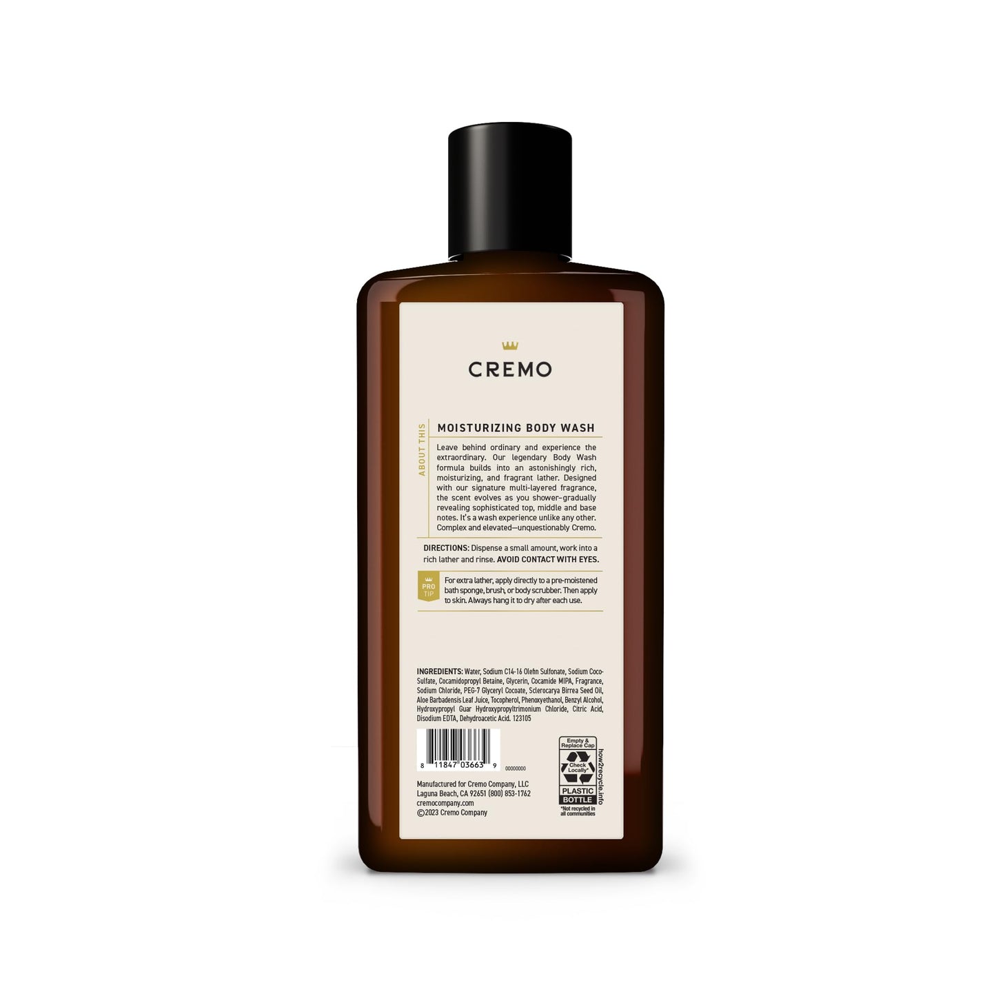 Cremo Body Wash Men, Notes of Italian Bergamot, Neroli Blossom, and Fresh Vetiver, Rich-Lathering Italian Bergamot, 16 Fl Oz