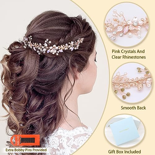 Rose Gold Bridal Headpiece with Flowers Pearls and Rhinestones - Wedding Hair Vine