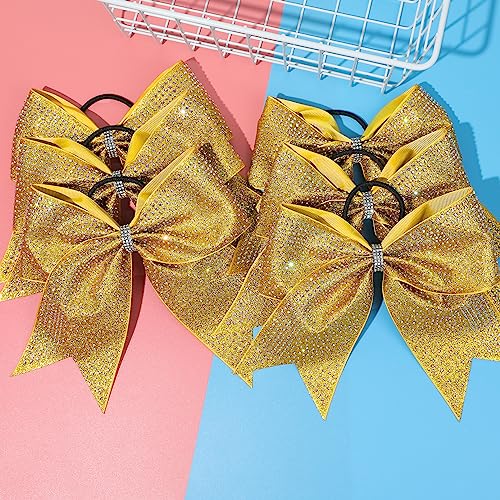 Cheerleader Hair Bows 6-Pack 8 Inch Glitter Gold Rhinestone Cheer Hair Accessories for Girls - Variation: Glitter Gold + Full Rhinestone