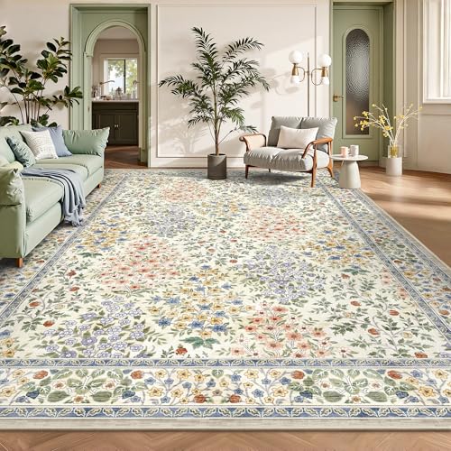 Beige Floral 8x10 Area Rug - Machine Washable Low Pile Boho Rug with Non-Slip Backing