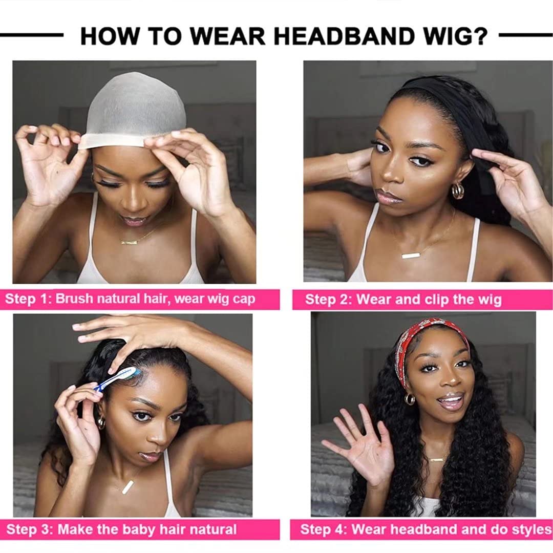 Punmasa Headband Wig Human Hair Deep Wave 12 Inches None Lace Front Wig Human Hair Machine Made Wigs 150% Density Headband Curly Human Hair Wigs for Women Natural Color Half wig