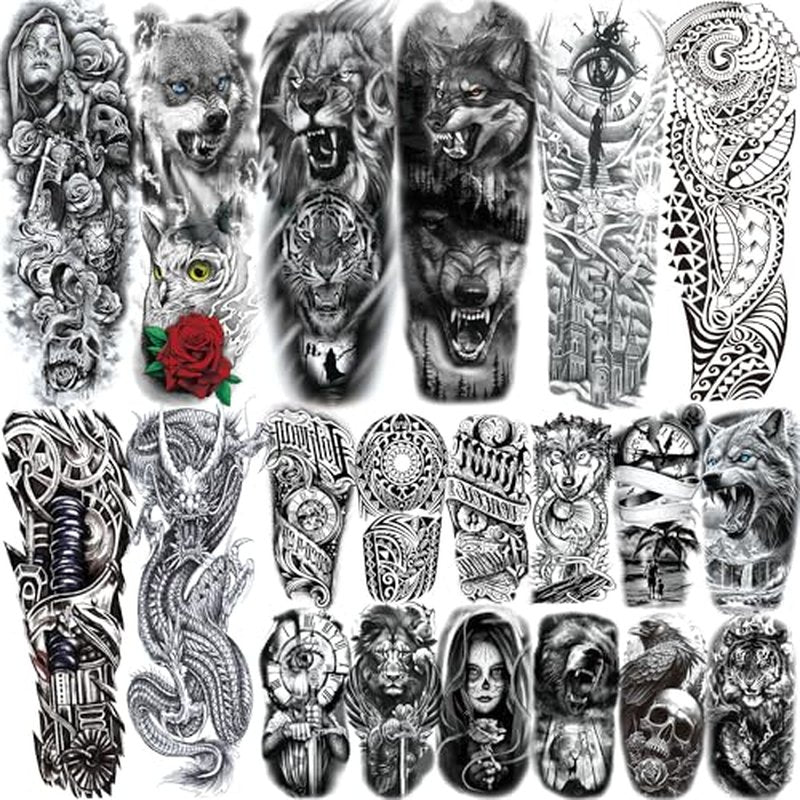 20 Sheets Wolf Beast Full Arm Temporary Tattoos For Men Women Thigh, Large Lion Tribal Eye Sleeve Tattoos For Adults, Long Lasting Temp Bulk Halloween Waterproof Fake Tattoo Stickers Nun Wolf Chicano