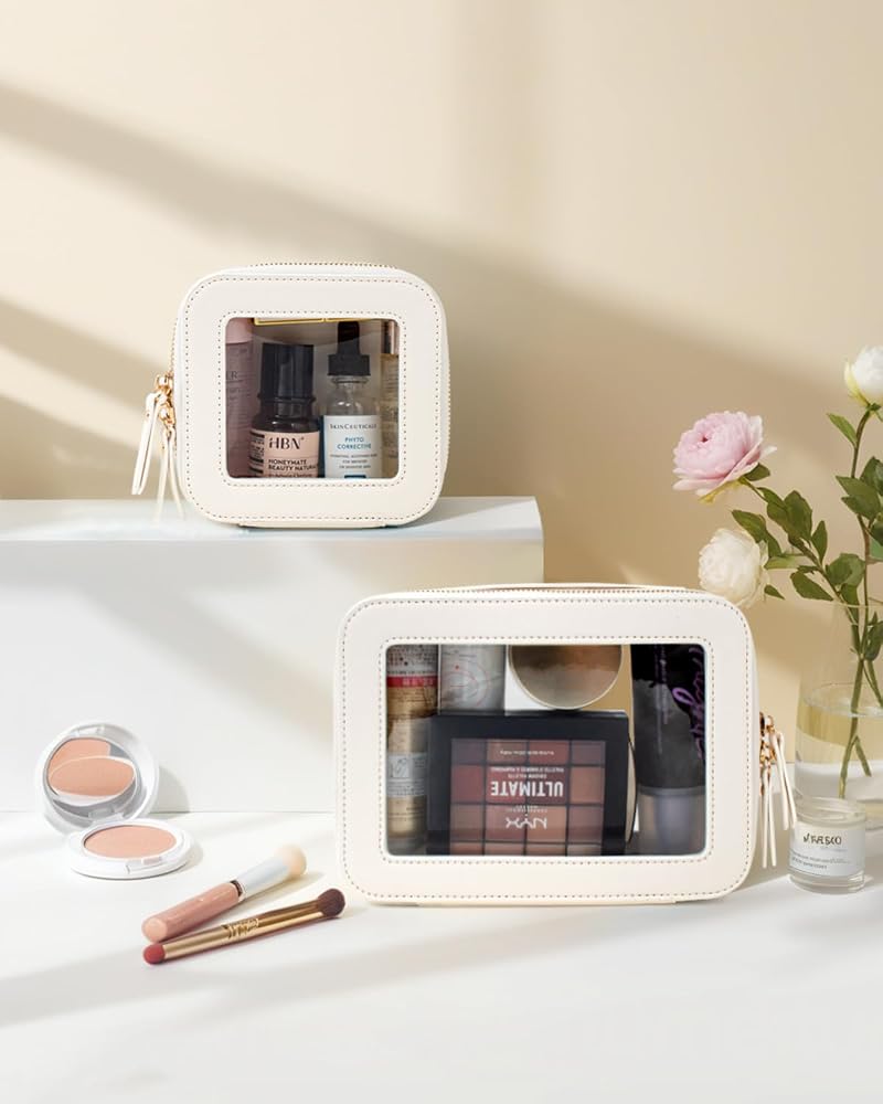KOTORA White Clear Makeup Bag Set - 2 Pack Travel Cosmetic Pouches, PU Leather, TSA-Ready Car Organizer